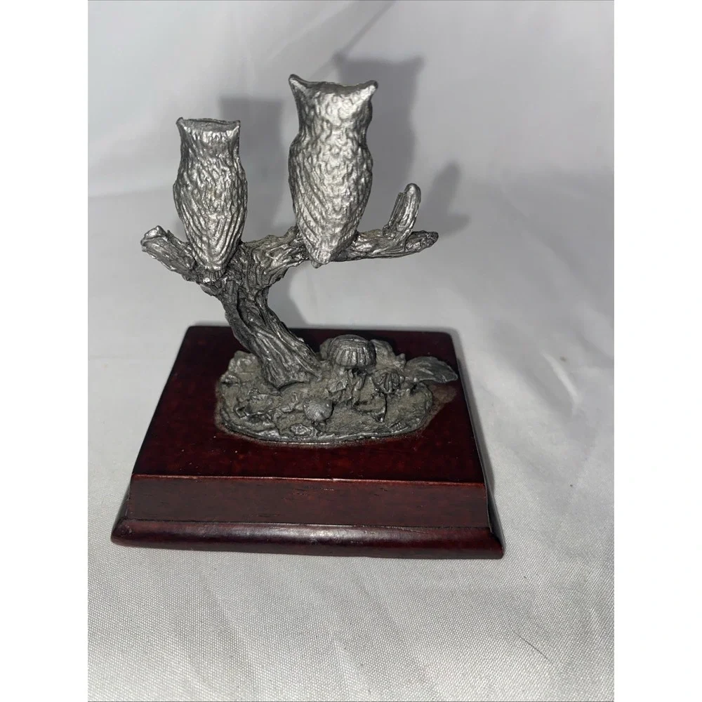 Pewter‎ Owls On Branch with Mushrooms Figurine Wood Base Vintage